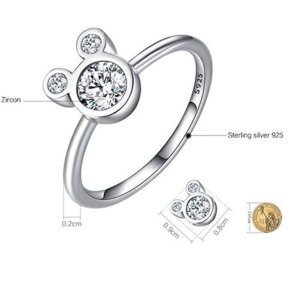 .925 Sterling Silver with White Diamond Cubic Zirconia Mickey Mouse Ring Size 6 - Picture 2 of 6